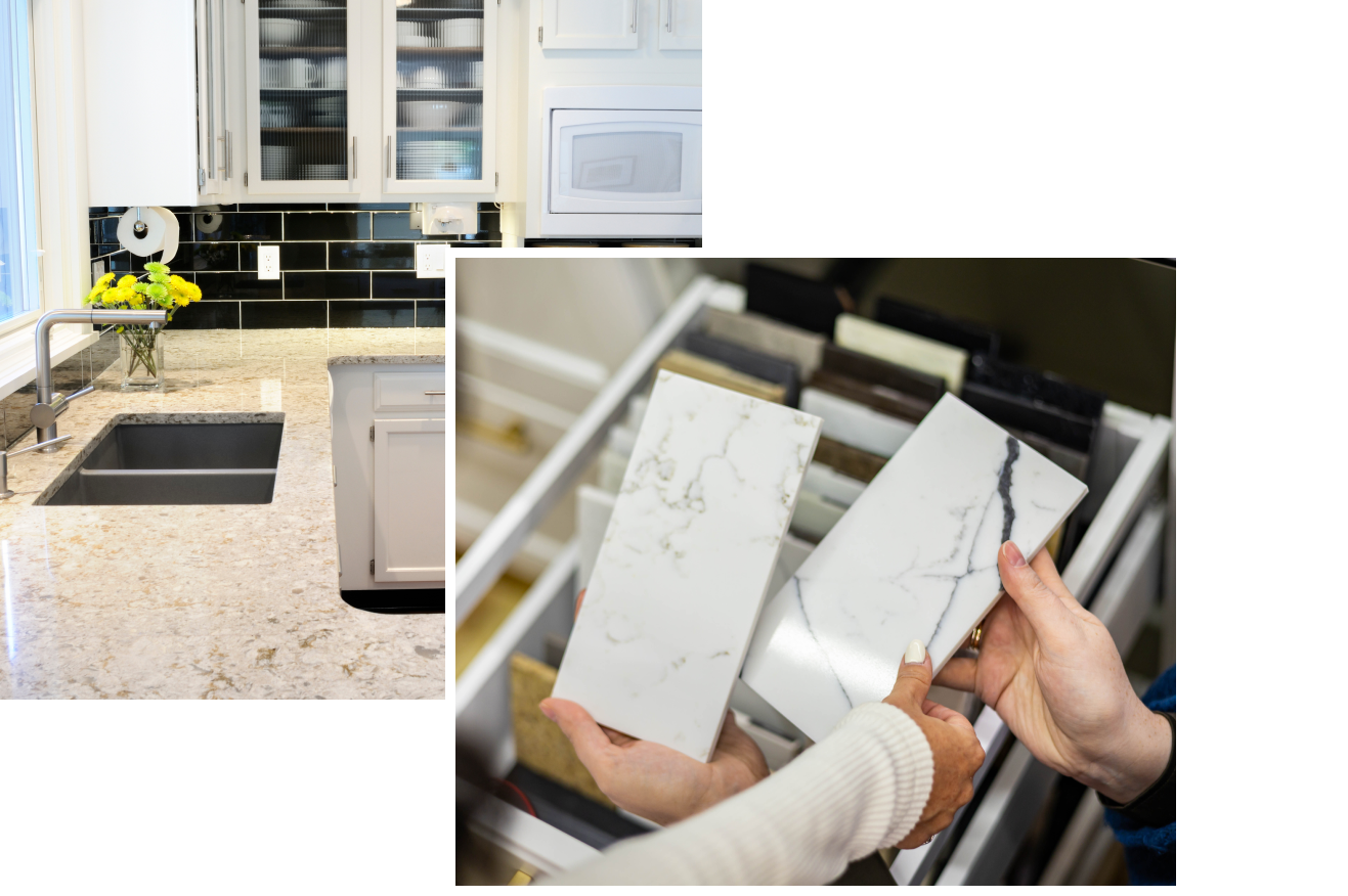 Collage of a kitchen countertop overlayed with an image of two people selecting granite.