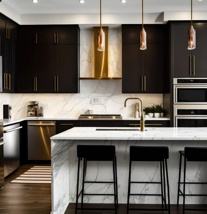 Dark wood kitchen with dark furniture and gold accents, offset by a white granite kitchen countertop.