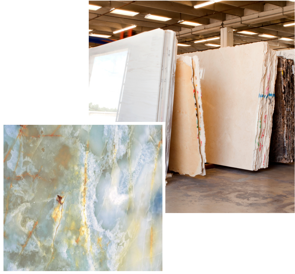 Collage of a close-up photo of quartz and a shot from a granite fabrication shop.